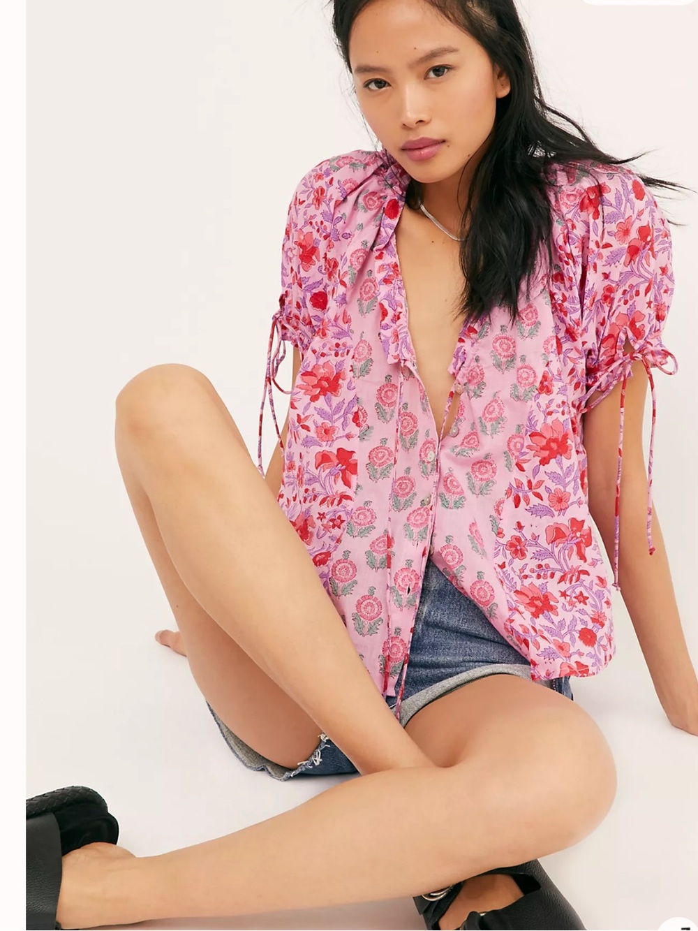 Free People x Kinga Csilla Bianca Floral Pink Puff-Sleeve Peasant Top